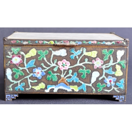 132 - A 19th Century Chinese lidded trinket box of rectangular form. Jade inset panel to top with hinged l... 