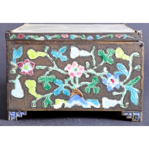 132 - A 19th Century Chinese lidded trinket box of rectangular form. Jade inset panel to top with hinged l... 