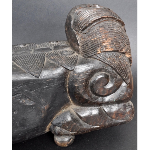 137 - A large pair of 19th Century Chinese hand carved hardwood foo dogs / temple lions. Elongated form wi... 