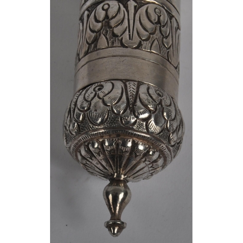 142 - An Indian or Ceylon / Sri Lankan silver scroll / document holder.  Of cylindrical form with one end ... 
