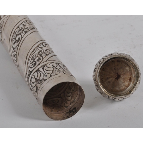 142 - An Indian or Ceylon / Sri Lankan silver scroll / document holder.  Of cylindrical form with one end ... 
