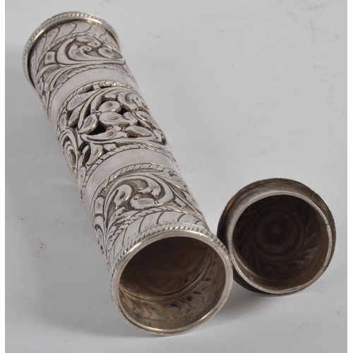 143 - A Indian or Ceylon / Sri Lankan silver scroll / document holder.  Of cylindrical form with one end a... 