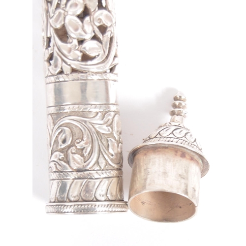 143 - A Indian or Ceylon / Sri Lankan silver scroll / document holder.  Of cylindrical form with one end a... 