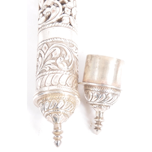 143 - A Indian or Ceylon / Sri Lankan silver scroll / document holder.  Of cylindrical form with one end a... 