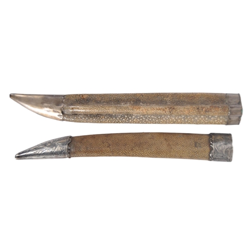 152 - A pair of 18th century fitted shagreen silver mounted case etui. The shagreen case bisected into com... 