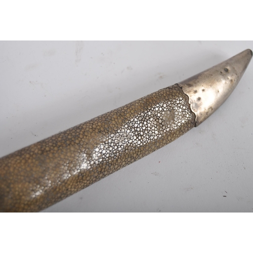 152 - A pair of 18th century fitted shagreen silver mounted case etui. The shagreen case bisected into com... 