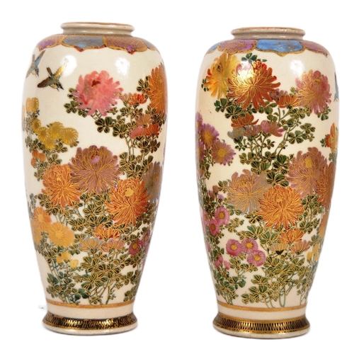 158 - A pair of late 19th Century Japanese Meiji Satsuma porcelain vases of tall ovoid shape. Hand painted... 