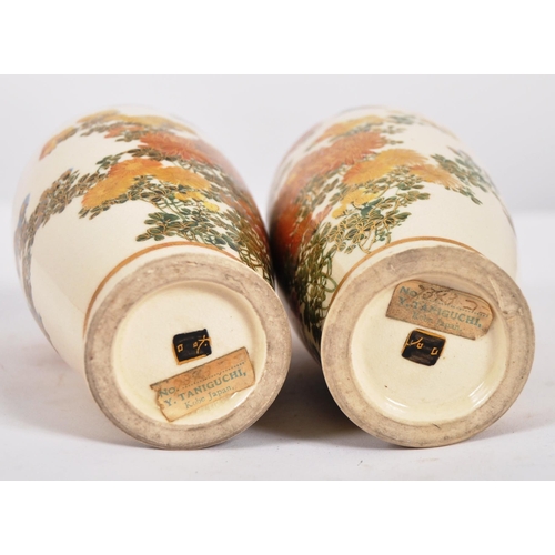 158 - A pair of late 19th Century Japanese Meiji Satsuma porcelain vases of tall ovoid shape. Hand painted... 