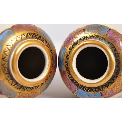 158 - A pair of late 19th Century Japanese Meiji Satsuma porcelain vases of tall ovoid shape. Hand painted... 