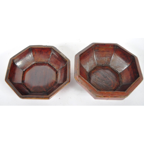 159 - An early 20th Century Chinese red lacquer storage box / lidded prayer box of cushioned hexagonal for... 