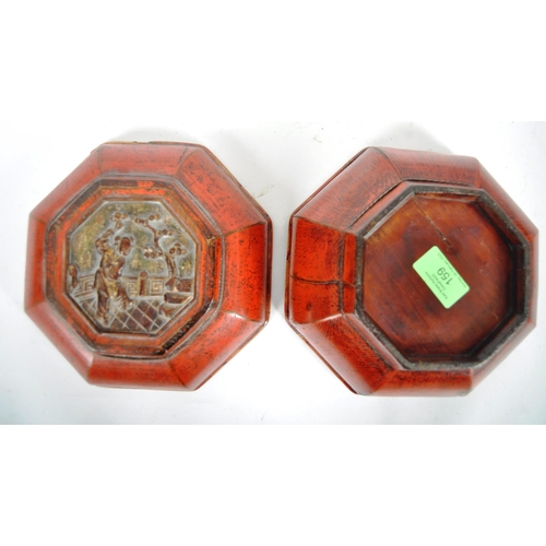 159 - An early 20th Century Chinese red lacquer storage box / lidded prayer box of cushioned hexagonal for... 