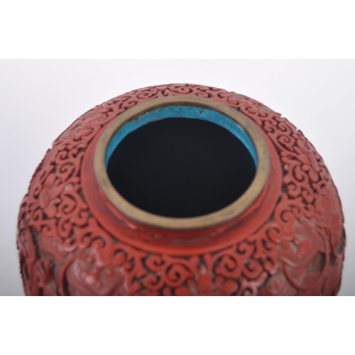 160 - A large Chinese 19th Century Cinnabar red lacquer ginger jar & cover raised on good quality pierced ... 