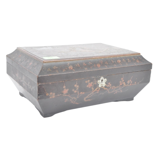 175 - A 19th Century Japanese black lacquer box. Hand painted decoration throughout depicting landscape sc... 