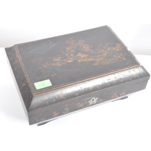 175 - A 19th Century Japanese black lacquer box. Hand painted decoration throughout depicting landscape sc... 