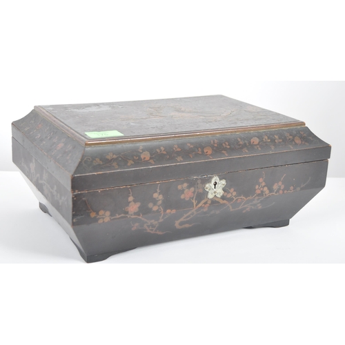 175 - A 19th Century Japanese black lacquer box. Hand painted decoration throughout depicting landscape sc... 