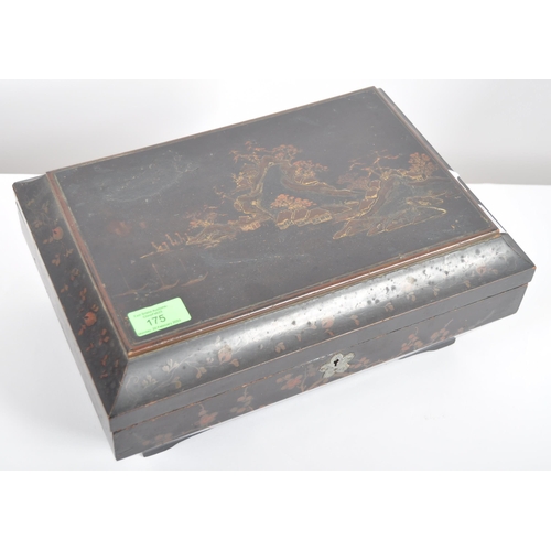 175 - A 19th Century Japanese black lacquer box. Hand painted decoration throughout depicting landscape sc... 