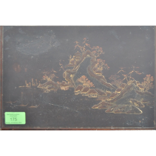 175 - A 19th Century Japanese black lacquer box. Hand painted decoration throughout depicting landscape sc... 