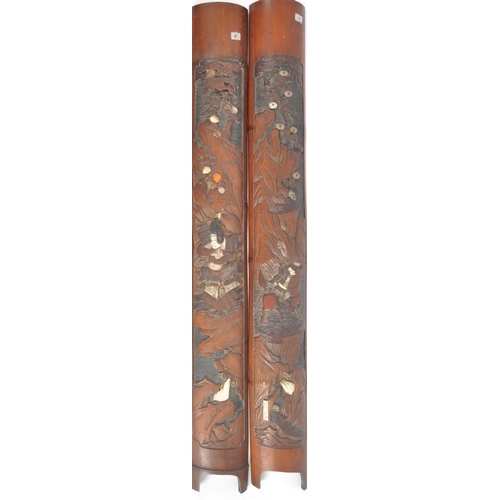 176 - A pair of 19th century Japanese carved bamboo decorated wall panels. Carving of floral decorations w... 