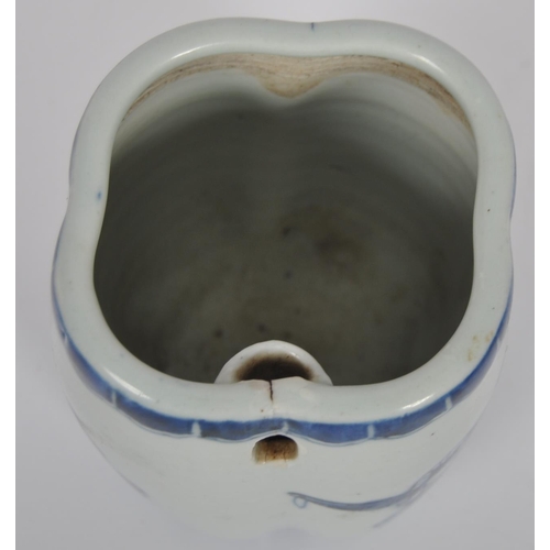 21 - A 19th Century Chinese blue and white porcelain vase / vessel of unusual form. Pierced hole to side ... 