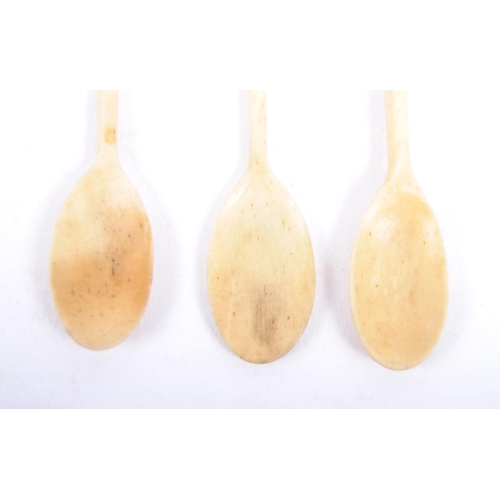 3 - A set of three 19th Century hand carved believed Maori carved bone spoons. Carved figural / mask for... 