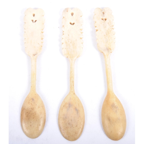 3 - A set of three 19th Century hand carved believed Maori carved bone spoons. Carved figural / mask for... 