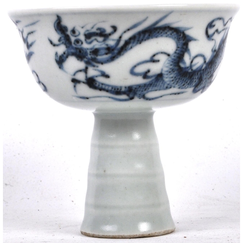 52 - A 20th Century Chinese blue & white porcelain footed pedestal bowl. Hand painted decoration depictin... 
