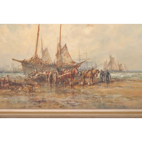 100 - William Edward Webb (British 1862-1903) - An oil on canvas painting depicting a fishing fleet unload... 