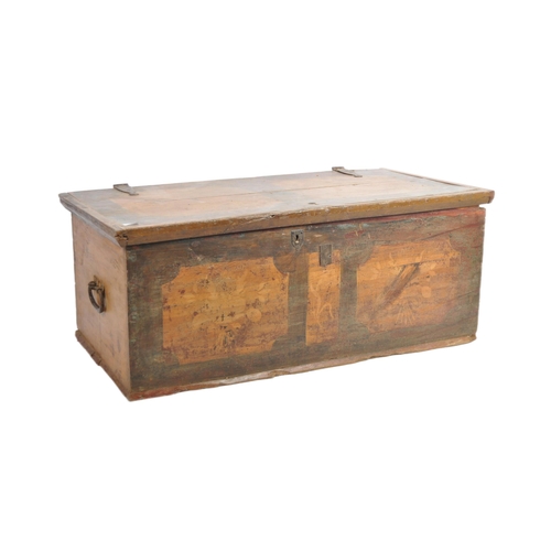 11 - A 19th Century Dutch painted pine trunk blanket box chest. Wrought iron strapwork throughout with ha... 