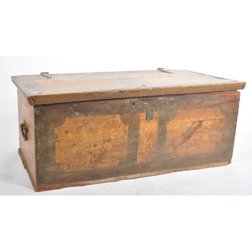 11 - A 19th Century Dutch painted pine trunk blanket box chest. Wrought iron strapwork throughout with ha... 