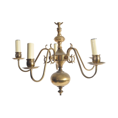 116 - A 20th Century Dutch manner brass ceiling light chandelier. Typical form with globular centre with f... 