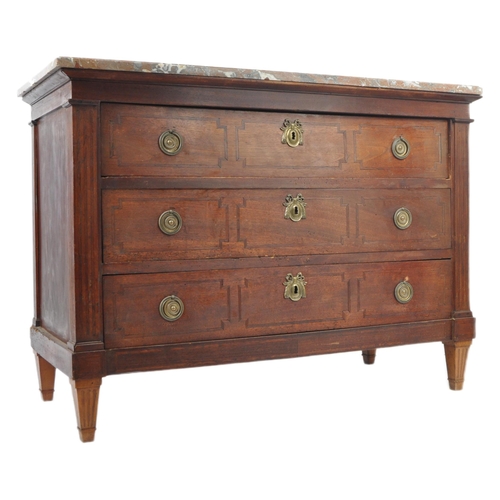 135 - A 19th Century French mahogany commode chest of drawers having a chamfered edge marble top over thre... 