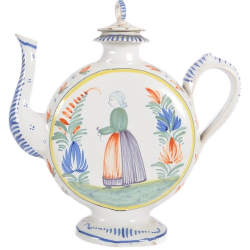 14 - A 19th Century French Faience teapot by Henriot Quimper. Moonflask shape with hand painted decoratio... 