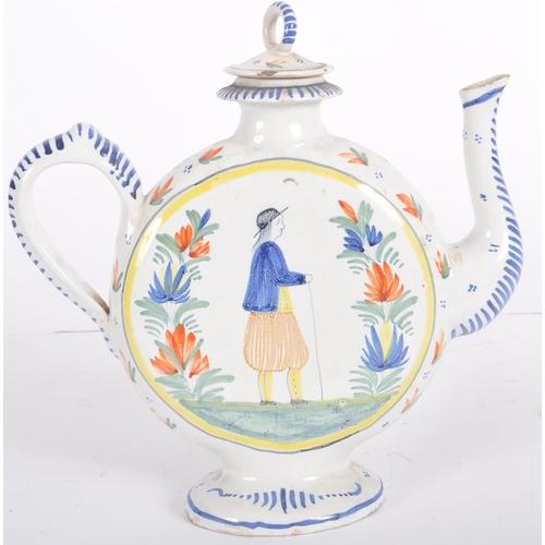 14 - A 19th Century French Faience teapot by Henriot Quimper. Moonflask shape with hand painted decoratio... 