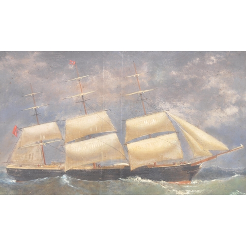 141 - A large 19th Century oil on canvas painting depicting a maritime triple masted ship boat on stormy s... 