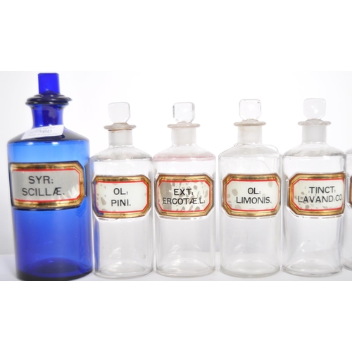 160 - A set of seven 19th Century Apothecary chemist medical glass bottles. Comprises a pair in blue and a... 