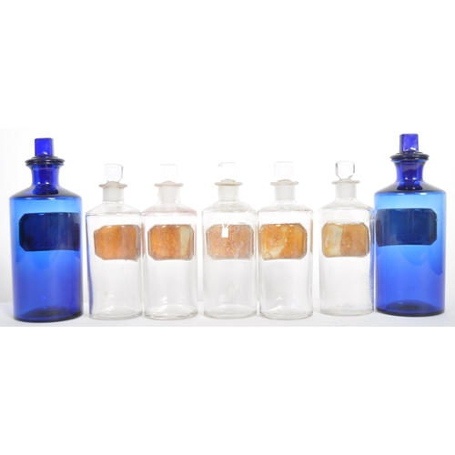 160 - A set of seven 19th Century Apothecary chemist medical glass bottles. Comprises a pair in blue and a... 