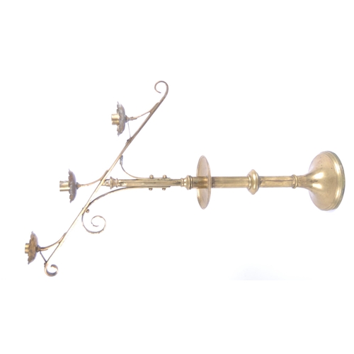 164 - A pair of 19th Century brass ecclesiastical Gothic triple sconce candlesticks / candelabra in the ma... 