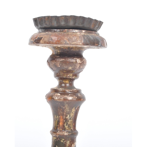 165 - A 19th Century Italian carved wood and gesso gilded painted ecclesiastical altar candlestick. Metal ... 