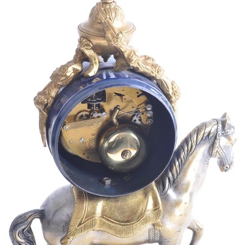 175 - A 20th century Italian gilt-metal ormolu mounted equestrian Imperial mantel clock. The cobalt blue g... 