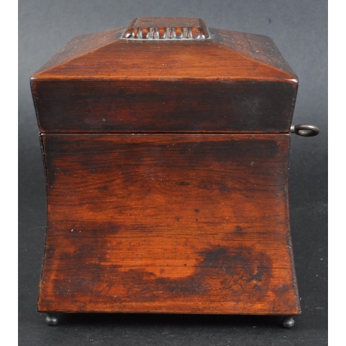 181 - An early 19th Century Regency mahogany tea caddy of sarcophagus form. Beaded decoration to lid with ... 