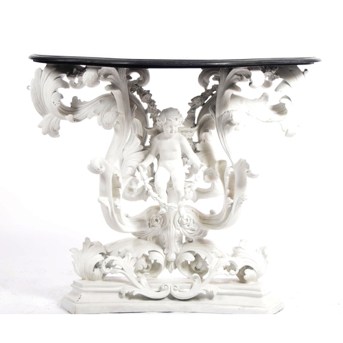 187 - A Baroque revival white painted plaster console table and matching mirror. Large angel cherub putti ... 