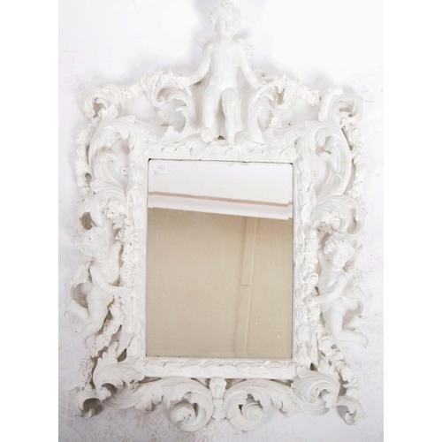 187 - A Baroque revival white painted plaster console table and matching mirror. Large angel cherub putti ... 