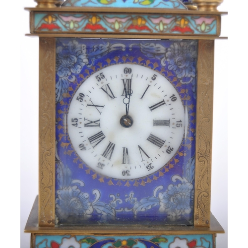 190 - A 19th Century French gilded brass and champlevé enamel (cloisonné) carriage clock. Pagoda top with ... 