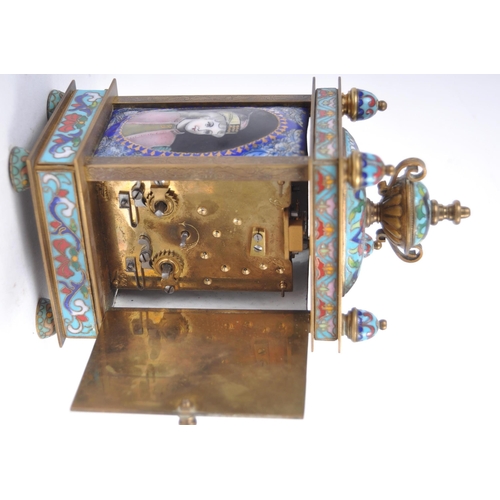 190 - A 19th Century French gilded brass and champlevé enamel (cloisonné) carriage clock. Pagoda top with ... 