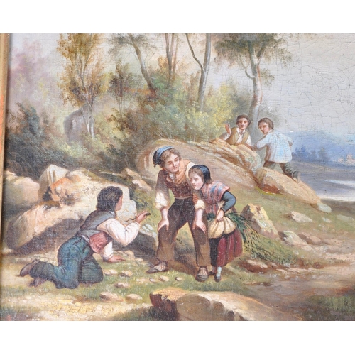 192 - A 19th Century French oil on canvas painting depicting children playing in a landscape scene. Two ch... 