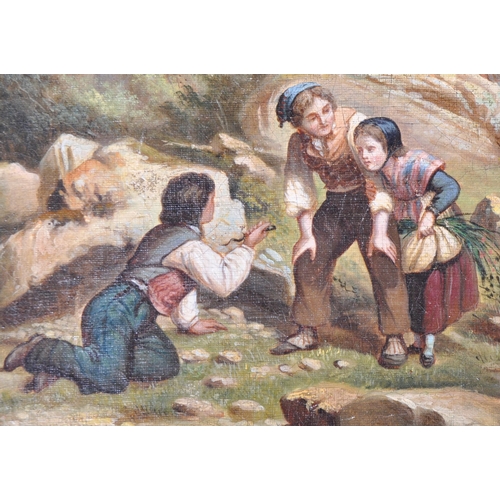 192 - A 19th Century French oil on canvas painting depicting children playing in a landscape scene. Two ch... 