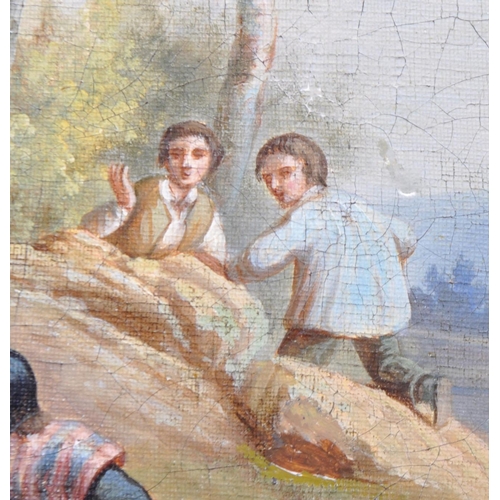 192 - A 19th Century French oil on canvas painting depicting children playing in a landscape scene. Two ch... 