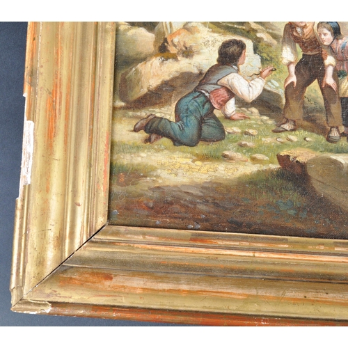 192 - A 19th Century French oil on canvas painting depicting children playing in a landscape scene. Two ch... 