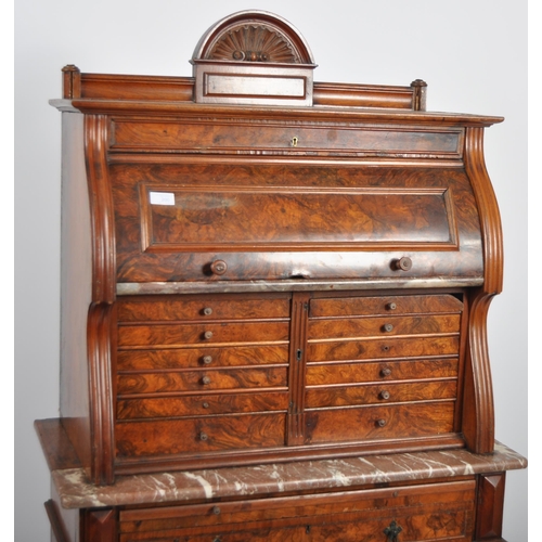 200 - 19th Century Burr walnut dentist cabinet, the top section having shaped gallery with turned finials ... 