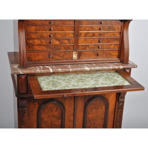 200 - 19th Century Burr walnut dentist cabinet, the top section having shaped gallery with turned finials ... 